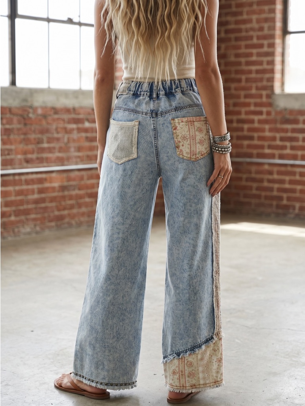 NWT POL Patchwork Crochet Boho Floral Print Wide Leg Relaxed Fit Denim Jean Pant - Picture 5 of 6